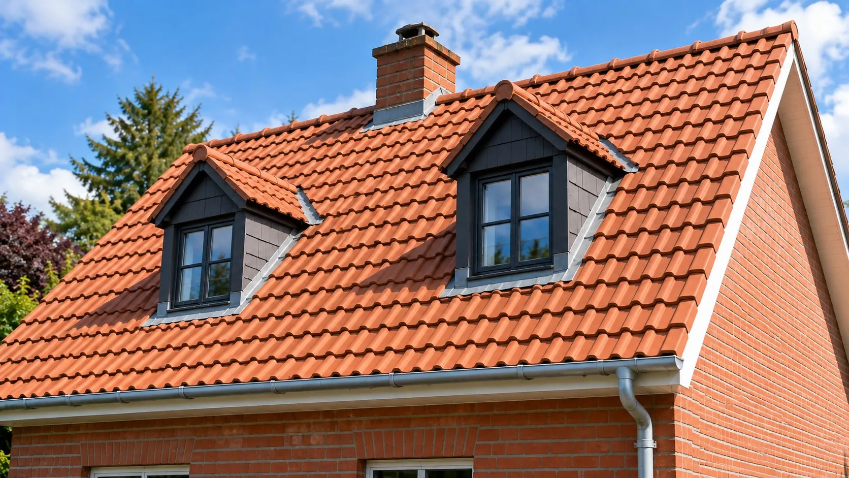 Toiture en tuiles rénovée sur une maison en briques